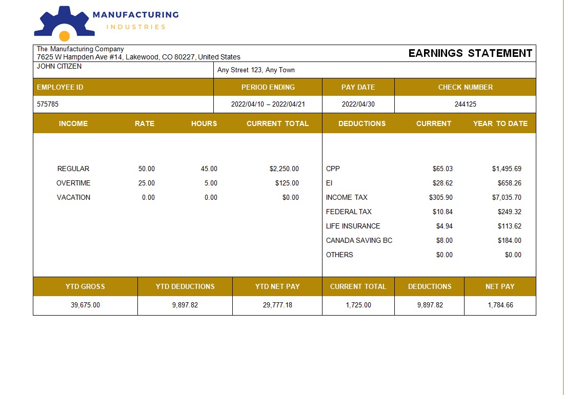Download manufacturing company  payslip template in Word and PDF formats Photoshop template
